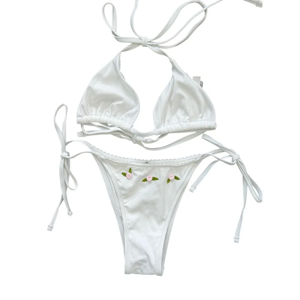 PINK by Frankies Bikinis White Ribbed Rose Embroidered Bikini Set XL NWT - Picture 1 of 5